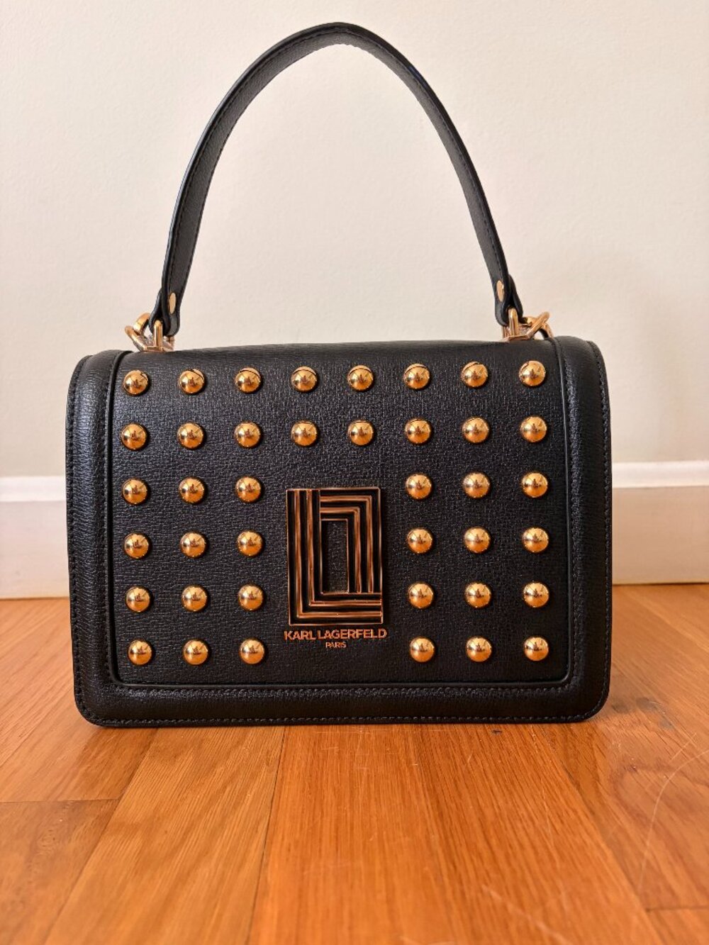 KARL LANGERFELD Black Leather Paris Simone Flap Hand/Crossbody Bag Gold Stud